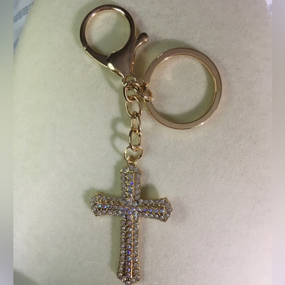 Gold Cross Keychain with Rhinestones NEW